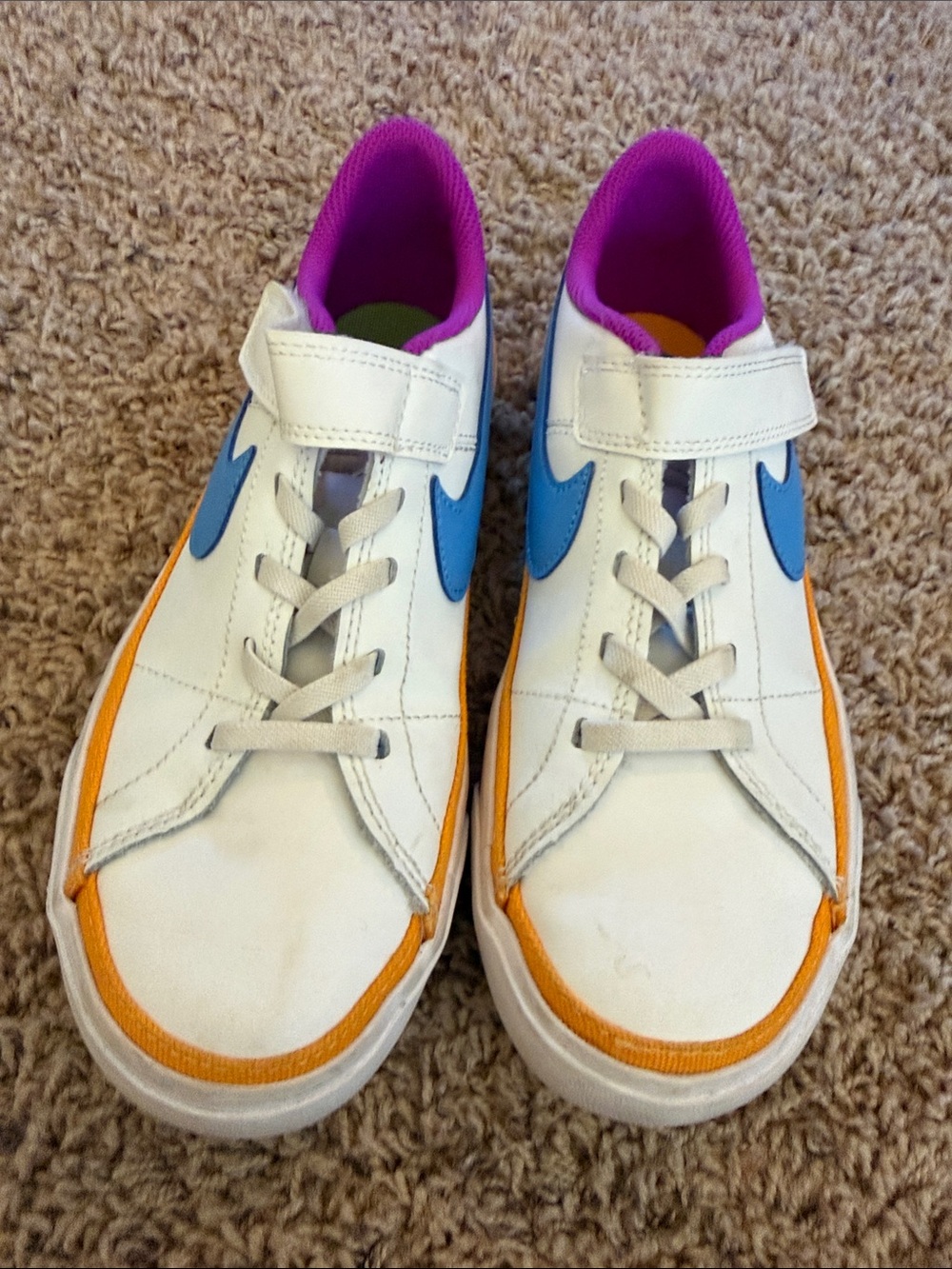 Nike Kids White Sneakers with Blue Swoosh, Orange Trim and Pink Lining